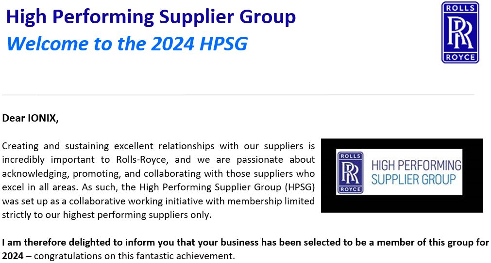 News - Ionix Systems confirmed as a member of the Rolls-Royce High Performing Supplier Group (HPSG) for another year.
